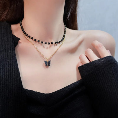 Nyra Black Beaded Butterfly Choker Set