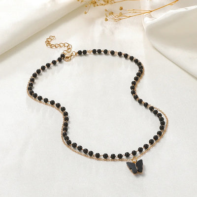 Nyra Black Beaded Butterfly Choker Set
